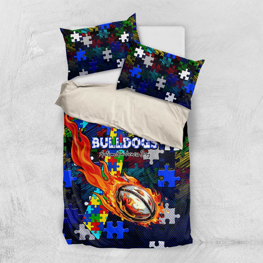 Bulldogs Autism Awareness Bedding Set Puzzle Flames Rugby Ball