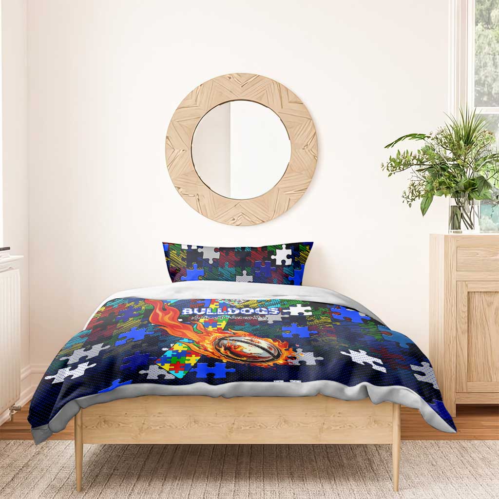 Bulldogs Autism Awareness Bedding Set Puzzle Flames Rugby Ball