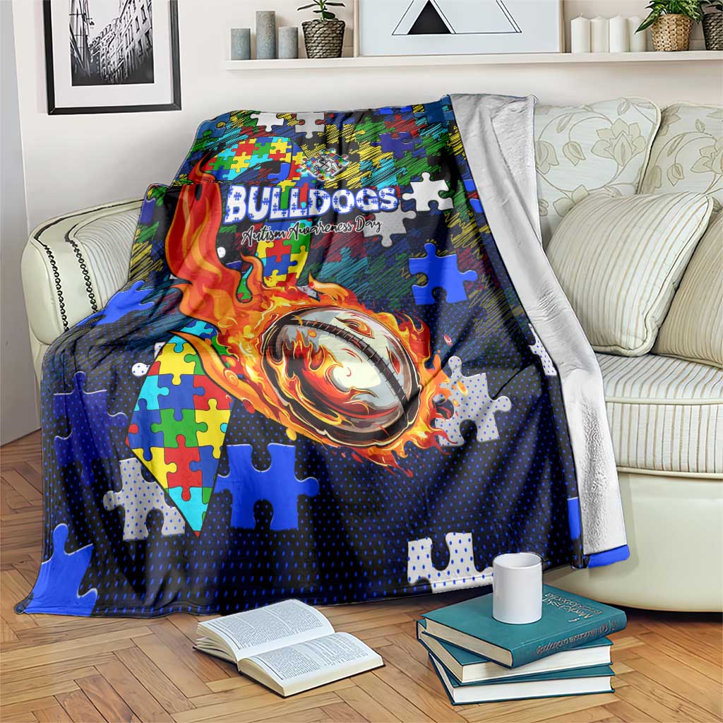 Bulldogs Autism Awareness Blanket Puzzle Flames Rugby Ball