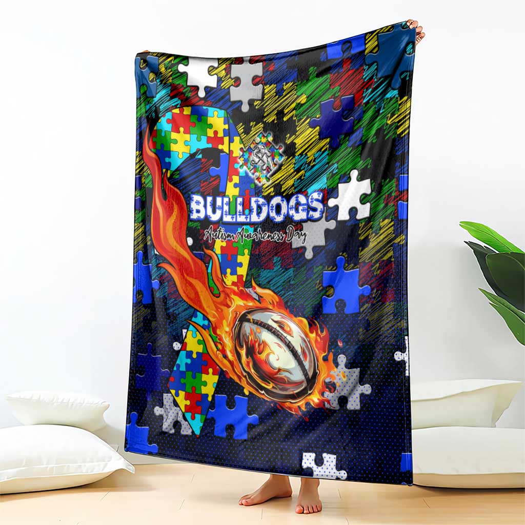 Bulldogs Autism Awareness Blanket Puzzle Flames Rugby Ball