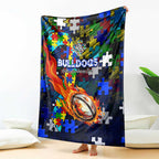 Bulldogs Autism Awareness Blanket Puzzle Flames Rugby Ball