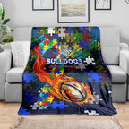 Bulldogs Autism Awareness Blanket Puzzle Flames Rugby Ball