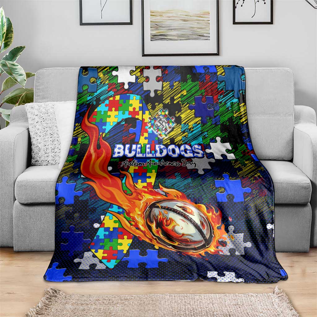 Bulldogs Autism Awareness Blanket Puzzle Flames Rugby Ball