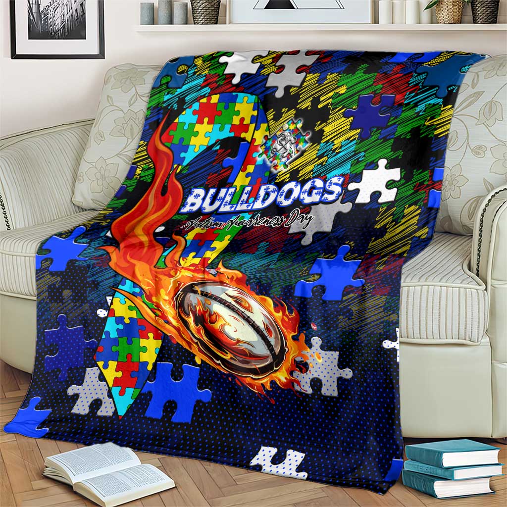 Bulldogs Autism Awareness Blanket Puzzle Flames Rugby Ball
