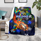 Bulldogs Autism Awareness Blanket Puzzle Flames Rugby Ball