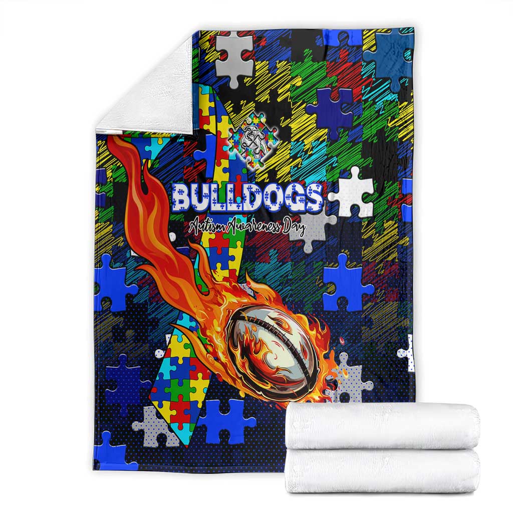 Bulldogs Autism Awareness Blanket Puzzle Flames Rugby Ball