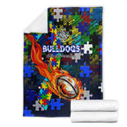 Bulldogs Autism Awareness Blanket Puzzle Flames Rugby Ball