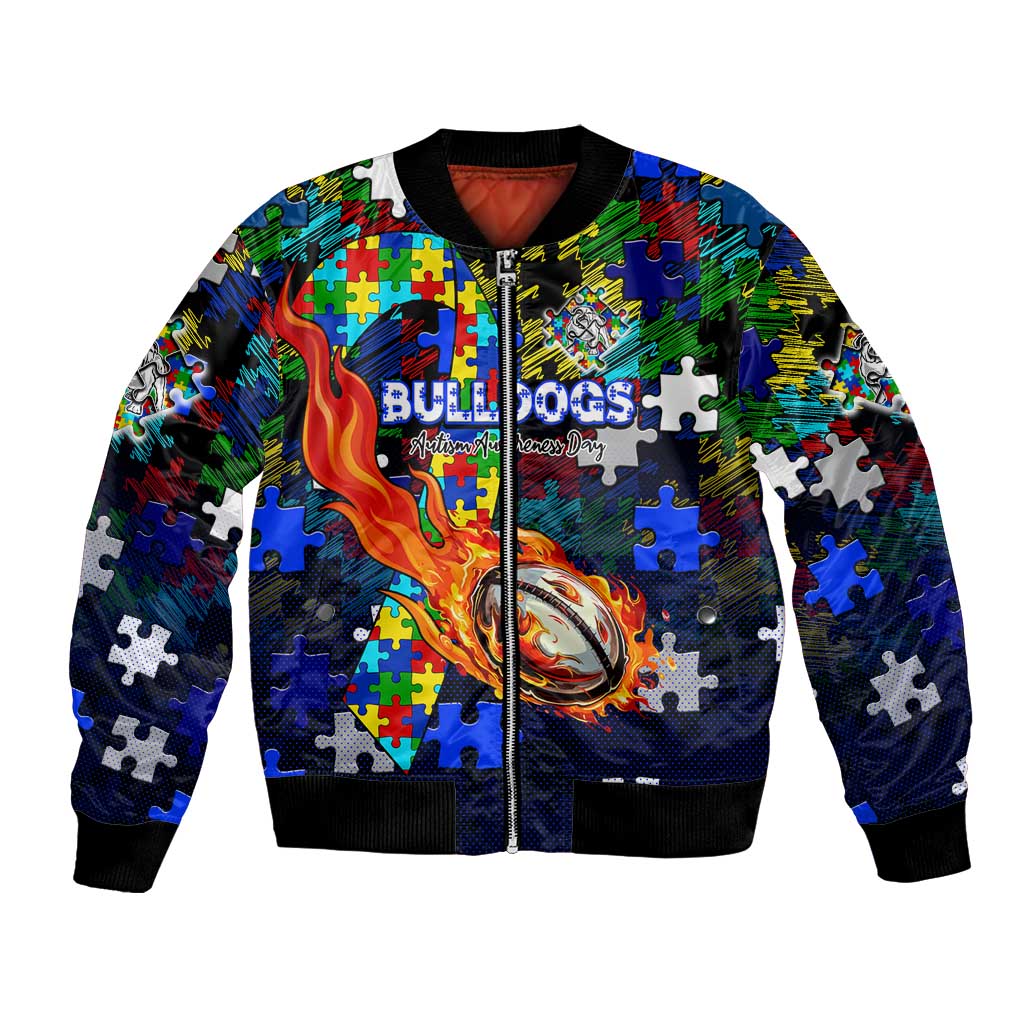 Bulldogs Autism Awareness Bomber Jacket Puzzle Flames Rugby Ball