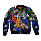 Bulldogs Autism Awareness Bomber Jacket Puzzle Flames Rugby Ball