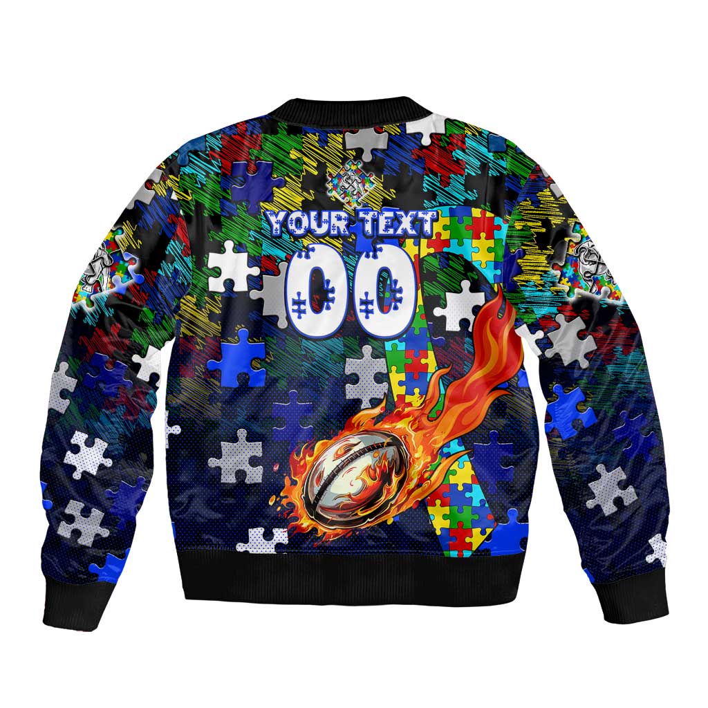 Bulldogs Autism Awareness Bomber Jacket Puzzle Flames Rugby Ball
