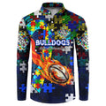 Bulldogs Autism Awareness Button Sweatshirt Puzzle Flames Rugby Ball