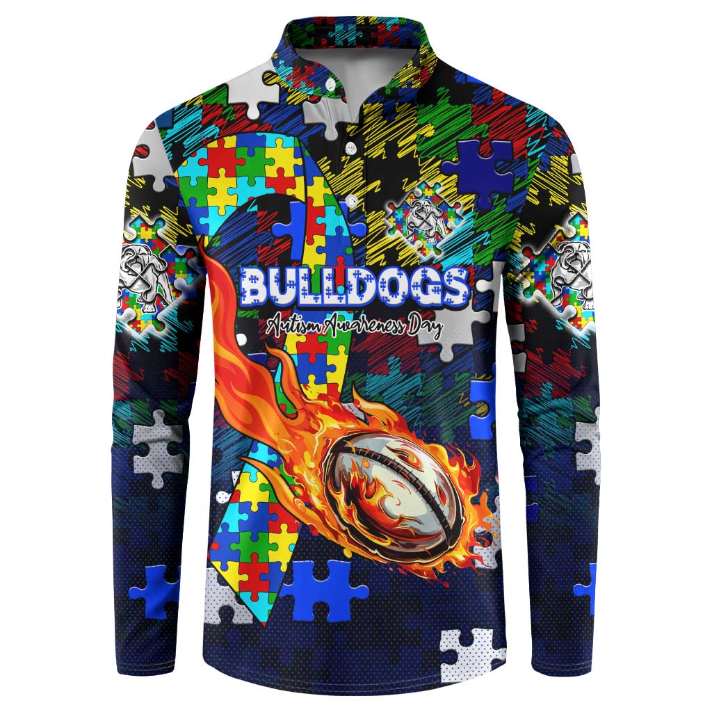 Bulldogs Autism Awareness Button Sweatshirt Puzzle Flames Rugby Ball