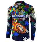Bulldogs Autism Awareness Button Sweatshirt Puzzle Flames Rugby Ball