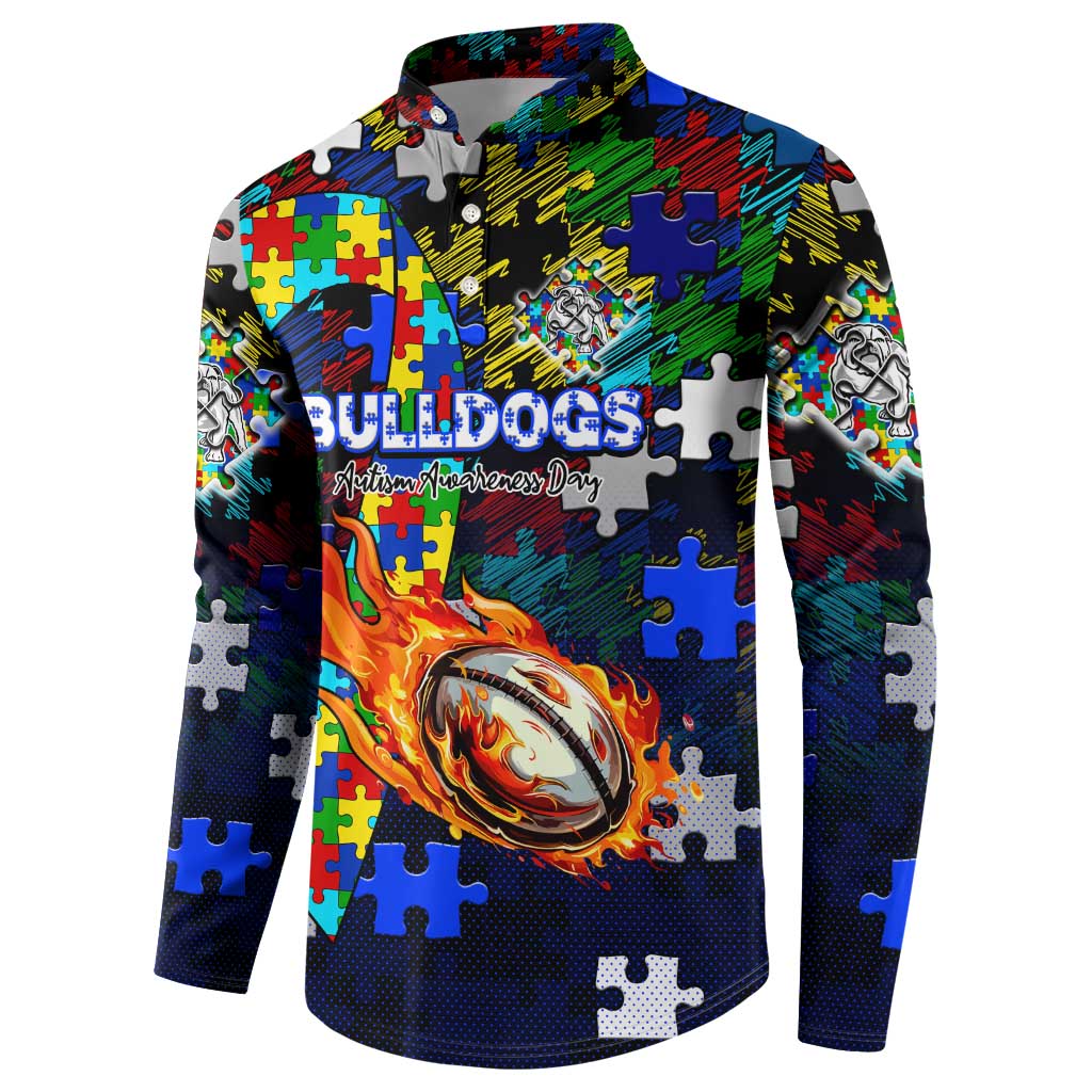 Bulldogs Autism Awareness Button Sweatshirt Puzzle Flames Rugby Ball