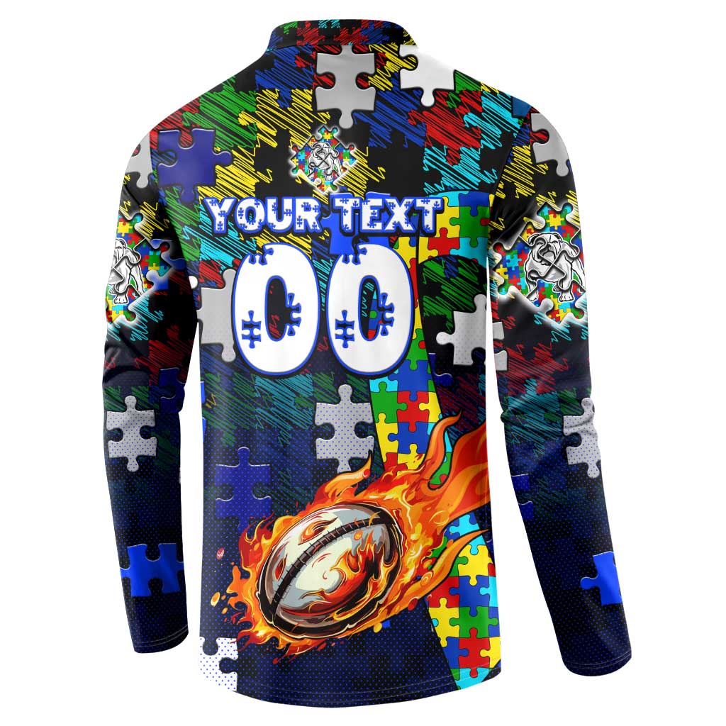 Bulldogs Autism Awareness Button Sweatshirt Puzzle Flames Rugby Ball