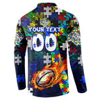 Bulldogs Autism Awareness Button Sweatshirt Puzzle Flames Rugby Ball