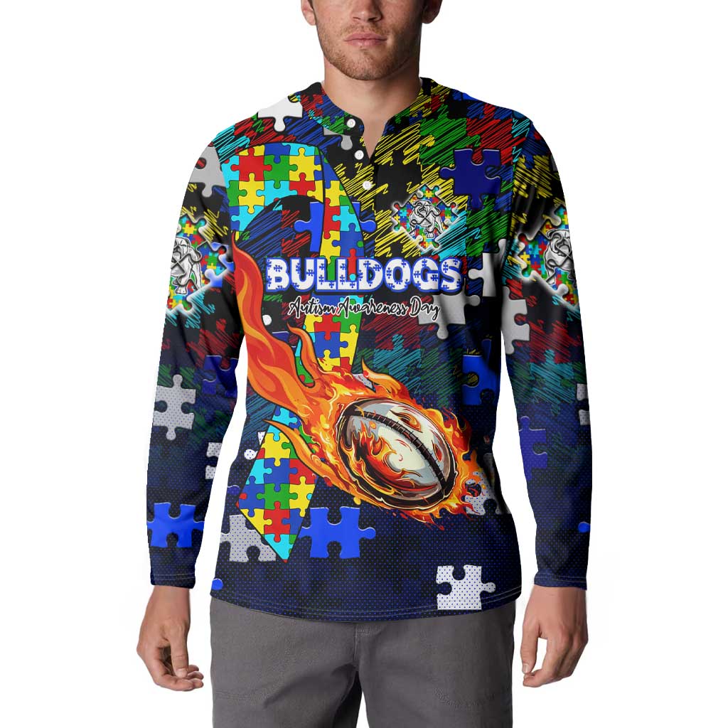 Bulldogs Autism Awareness Button Sweatshirt Puzzle Flames Rugby Ball