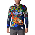 Bulldogs Autism Awareness Button Sweatshirt Puzzle Flames Rugby Ball