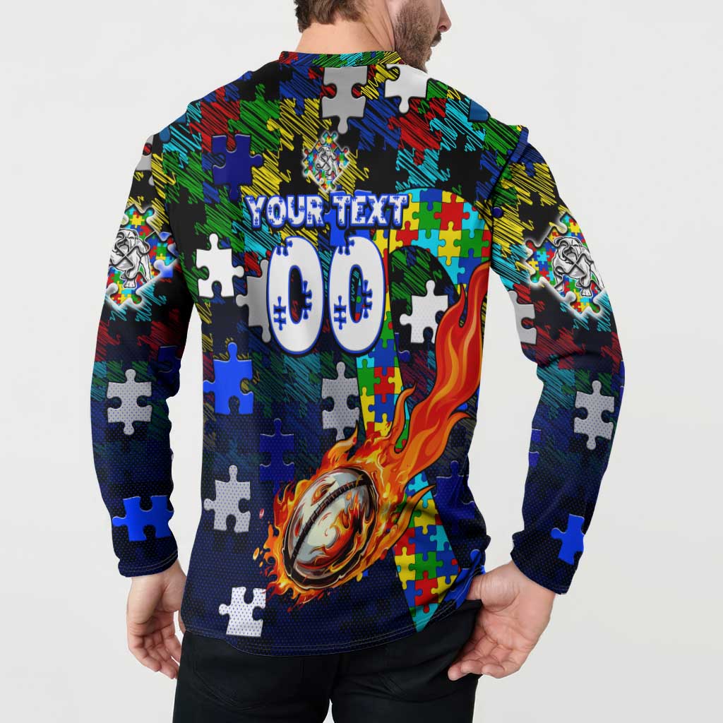 Bulldogs Autism Awareness Button Sweatshirt Puzzle Flames Rugby Ball