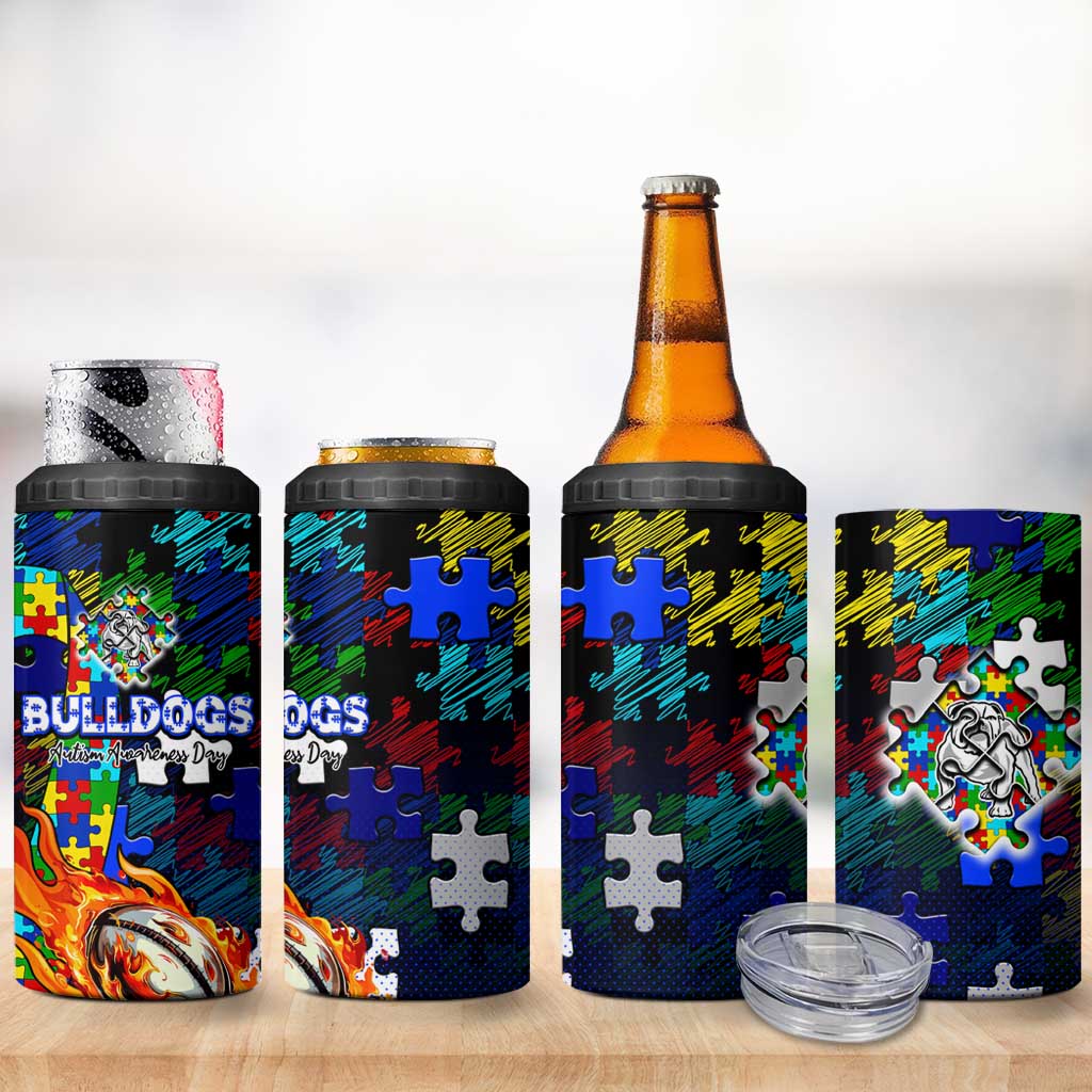 Bulldogs Autism Awareness 4 in 1 Can Cooler Tumbler Puzzle Flames Rugby Ball