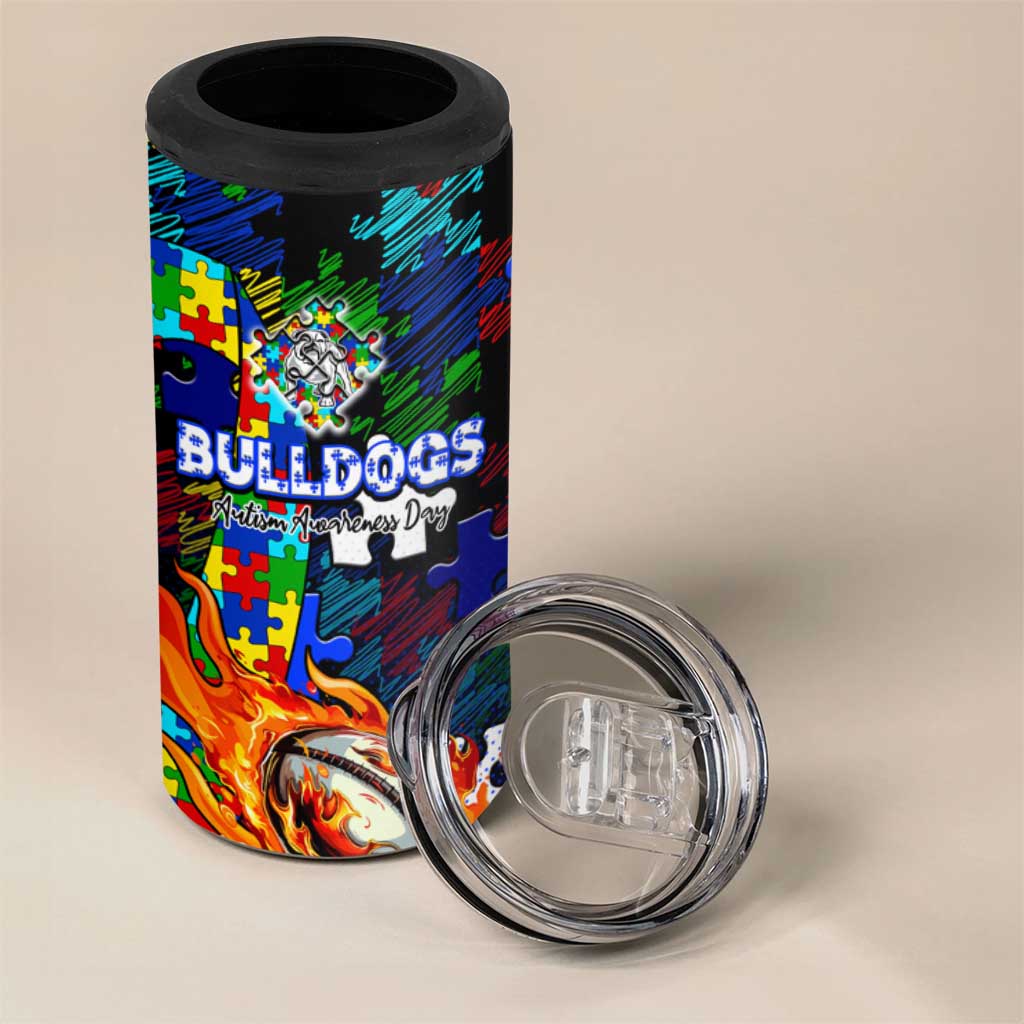 Bulldogs Autism Awareness 4 in 1 Can Cooler Tumbler Puzzle Flames Rugby Ball