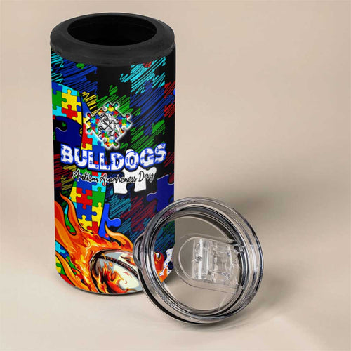 Bulldogs Autism Awareness 4 in 1 Can Cooler Tumbler Puzzle Flames Rugby Ball