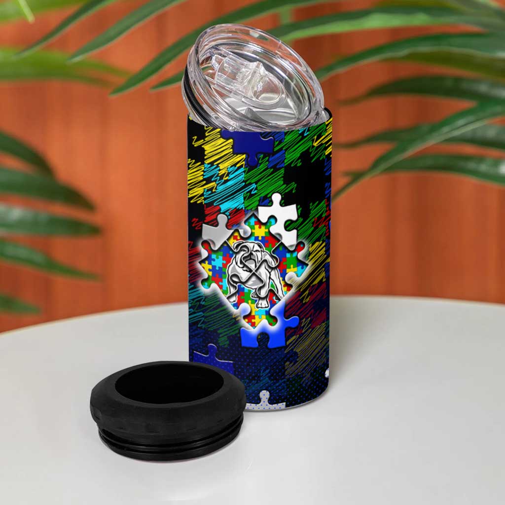 Bulldogs Autism Awareness 4 in 1 Can Cooler Tumbler Puzzle Flames Rugby Ball