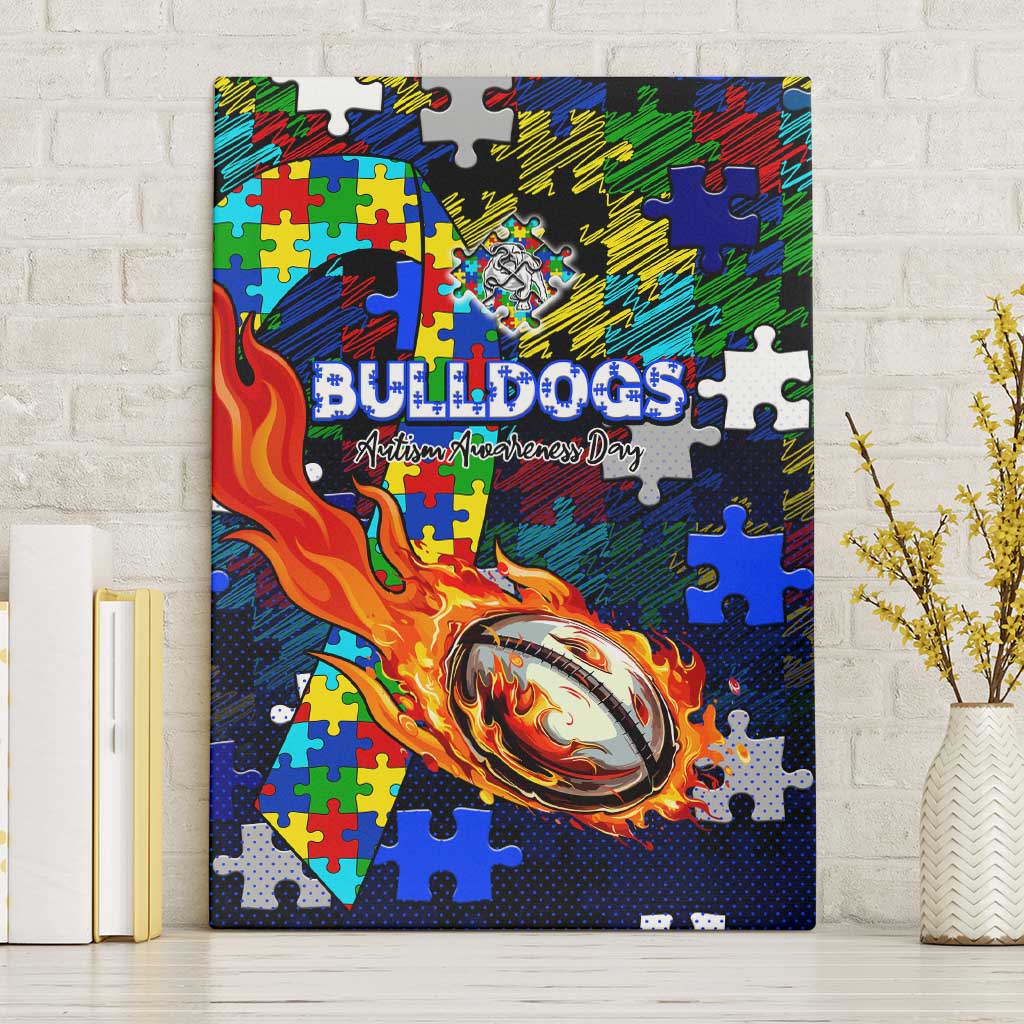 Bulldogs Autism Awareness Canvas Wall Art Puzzle Flames Rugby Ball