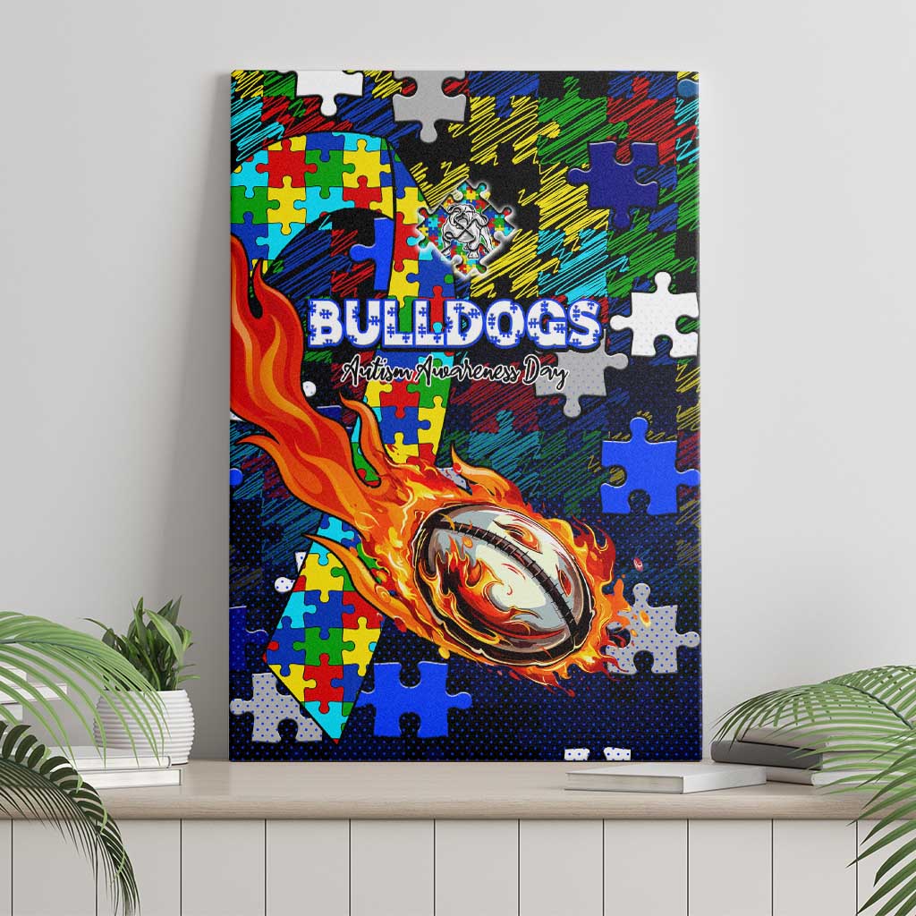 Bulldogs Autism Awareness Canvas Wall Art Puzzle Flames Rugby Ball