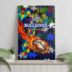 Bulldogs Autism Awareness Canvas Wall Art Puzzle Flames Rugby Ball