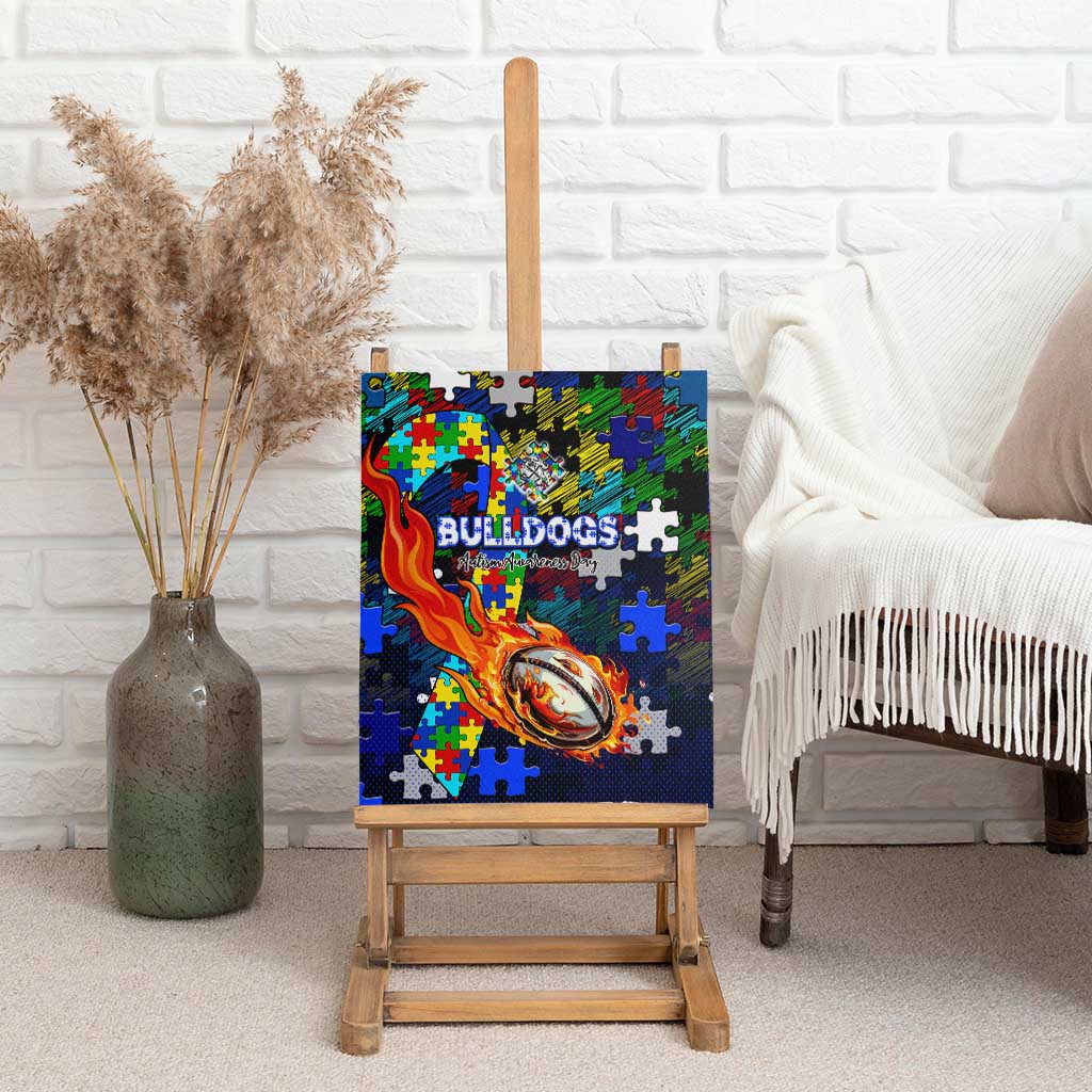 Bulldogs Autism Awareness Canvas Wall Art Puzzle Flames Rugby Ball