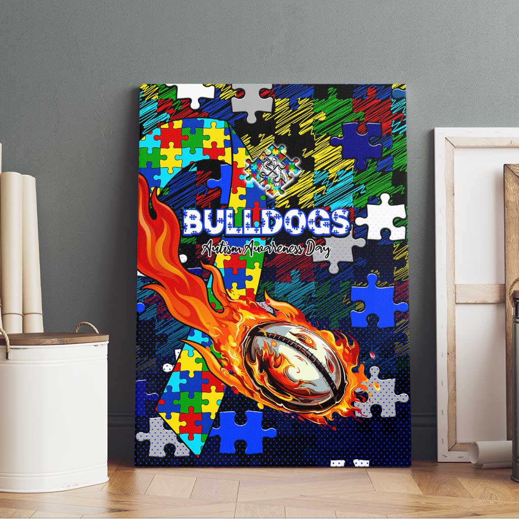 Bulldogs Autism Awareness Canvas Wall Art Puzzle Flames Rugby Ball