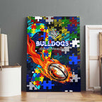 Bulldogs Autism Awareness Canvas Wall Art Puzzle Flames Rugby Ball