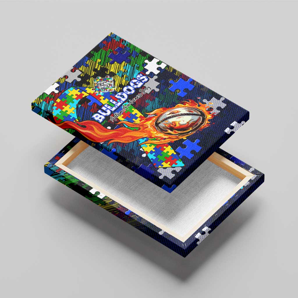 Bulldogs Autism Awareness Canvas Wall Art Puzzle Flames Rugby Ball