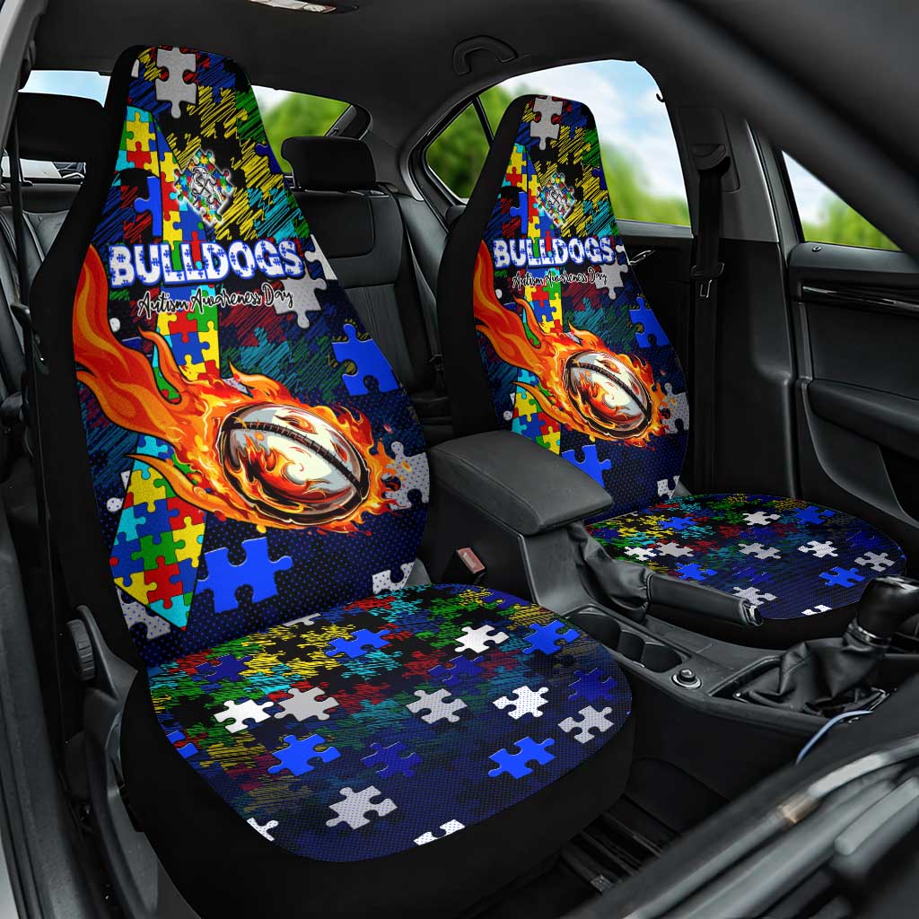 Bulldogs Autism Awareness Car Seat Cover Puzzle Flames Rugby Ball