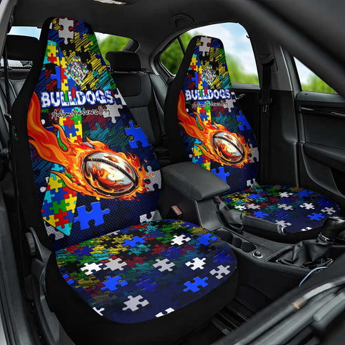 Bulldogs Autism Awareness Car Seat Cover Puzzle Flames Rugby Ball