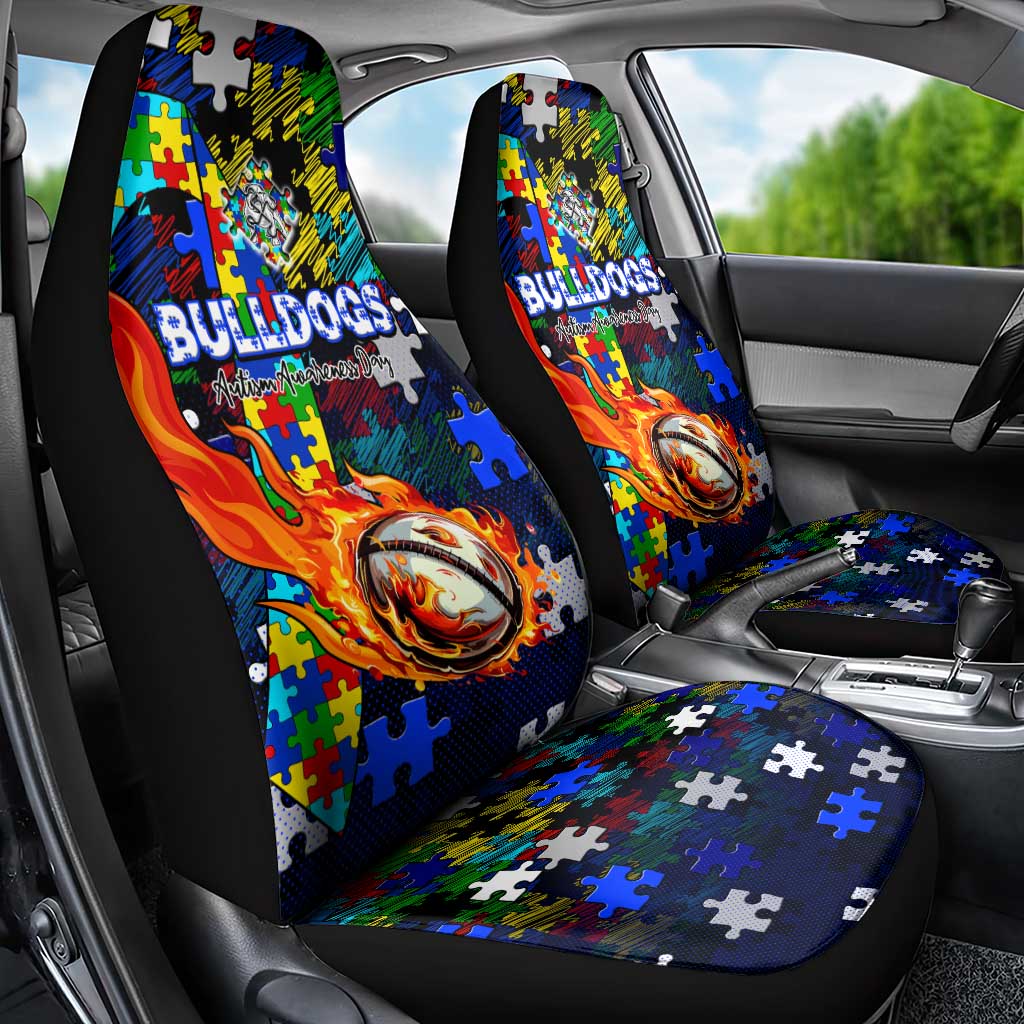 Bulldogs Autism Awareness Car Seat Cover Puzzle Flames Rugby Ball