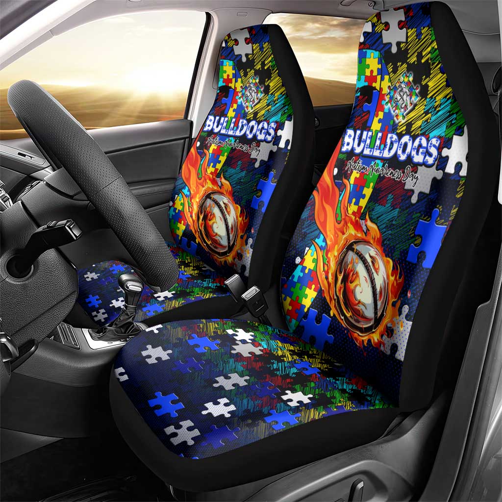 Bulldogs Autism Awareness Car Seat Cover Puzzle Flames Rugby Ball