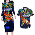 Bulldogs Autism Awareness Couples Matching Long Sleeve Bodycon Dress and Hawaiian Shirt Puzzle Flames Rugby Ball