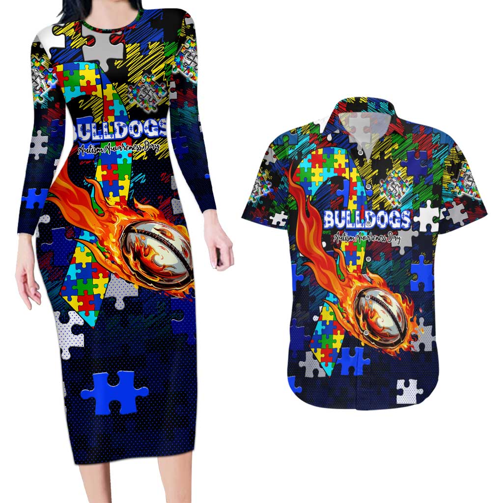 Bulldogs Autism Awareness Couples Matching Long Sleeve Bodycon Dress and Hawaiian Shirt Puzzle Flames Rugby Ball