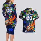 Bulldogs Autism Awareness Couples Matching Long Sleeve Bodycon Dress and Hawaiian Shirt Puzzle Flames Rugby Ball