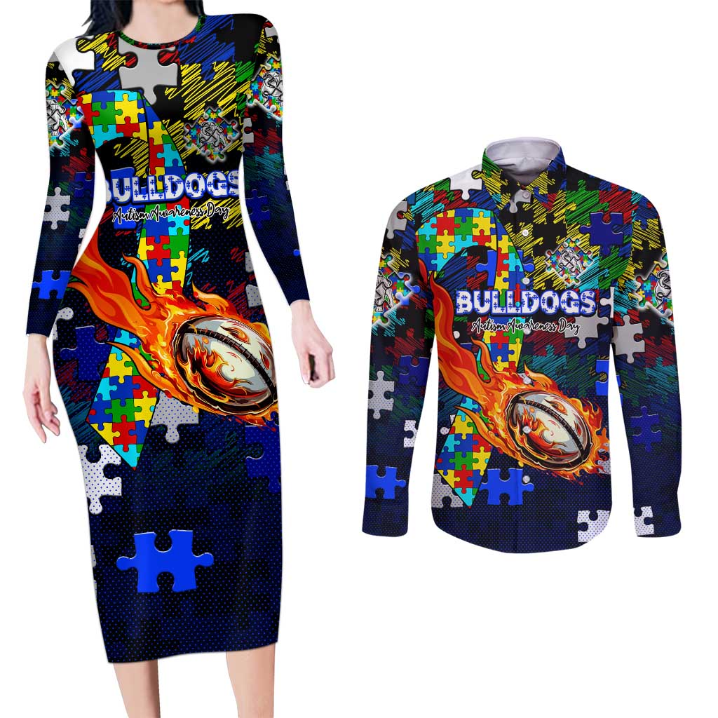 Bulldogs Autism Awareness Couples Matching Long Sleeve Bodycon Dress and Long Sleeve Button Shirt Puzzle Flames Rugby Ball