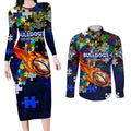 Bulldogs Autism Awareness Couples Matching Long Sleeve Bodycon Dress and Long Sleeve Button Shirt Puzzle Flames Rugby Ball