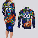 Bulldogs Autism Awareness Couples Matching Long Sleeve Bodycon Dress and Long Sleeve Button Shirt Puzzle Flames Rugby Ball