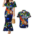 Bulldogs Autism Awareness Couples Matching Mermaid Dress and Hawaiian Shirt Puzzle Flames Rugby Ball