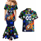 Bulldogs Autism Awareness Couples Matching Mermaid Dress and Hawaiian Shirt Puzzle Flames Rugby Ball