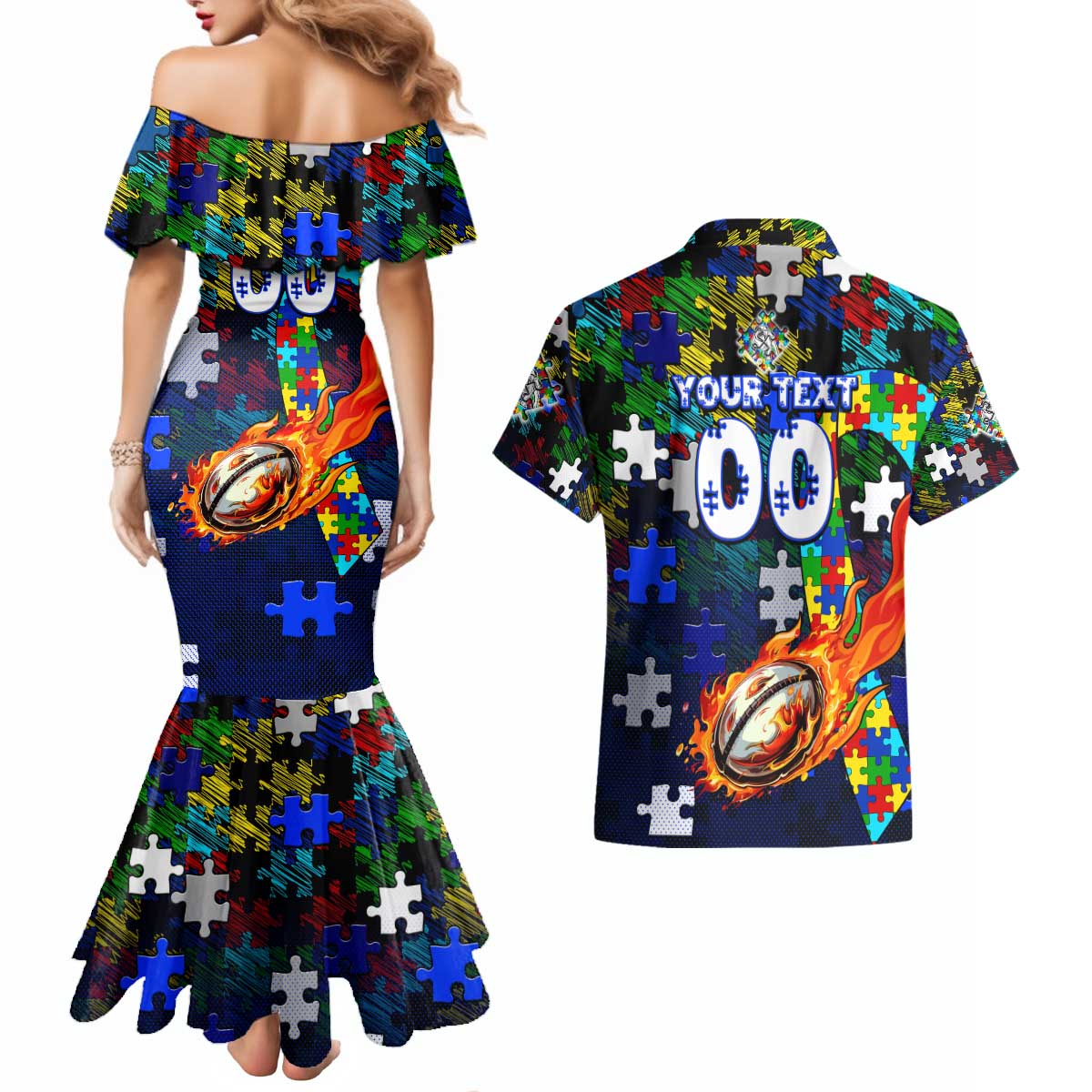 Bulldogs Autism Awareness Couples Matching Mermaid Dress and Hawaiian Shirt Puzzle Flames Rugby Ball