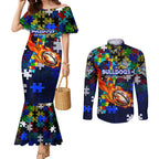 Bulldogs Autism Awareness Couples Matching Mermaid Dress and Long Sleeve Button Shirt Puzzle Flames Rugby Ball