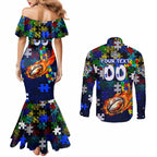 Bulldogs Autism Awareness Couples Matching Mermaid Dress and Long Sleeve Button Shirt Puzzle Flames Rugby Ball