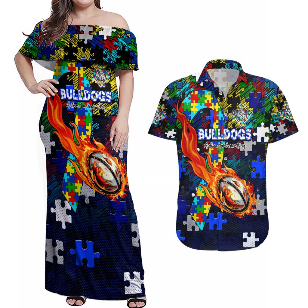 Bulldogs Autism Awareness Couples Matching Off Shoulder Maxi Dress and Hawaiian Shirt Puzzle Flames Rugby Ball